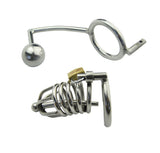 Metal Chastity Cage with Butt Plug and Urethral Catheter side | 3d-chastity