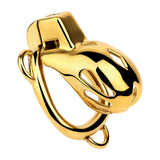 Golden Short Smooth Stainless Steel Cobra Cage with Belt Chastity Cage size and shape | 3d-chastity