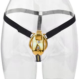 Golden Short Smooth Stainless Steel Cobra Cage with Belt Chastity Cage wearing | 3d-chastity