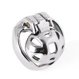 Front angled view of a silver-colored rounded chastity cage
