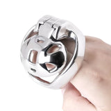 Silver-colored cage held between fingers to show its profile