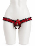 Black & Red Lace elastic support strap shown from the front on a display mannequin; cage not included