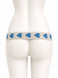 Blue hearts support strap shown from the rear on a display mannequin