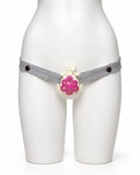 Grey Houndstooth elastic support strap shown from the front on a display mannequin; cage not included