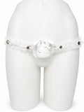 White Lolita Lace elastic support strap shown from the front on a display mannequin; cage not included