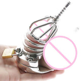 Stainless Steel Chastity Cage Ball Stretcher with Urethral Catheter Chastity Cage wearing | 3d-chastity