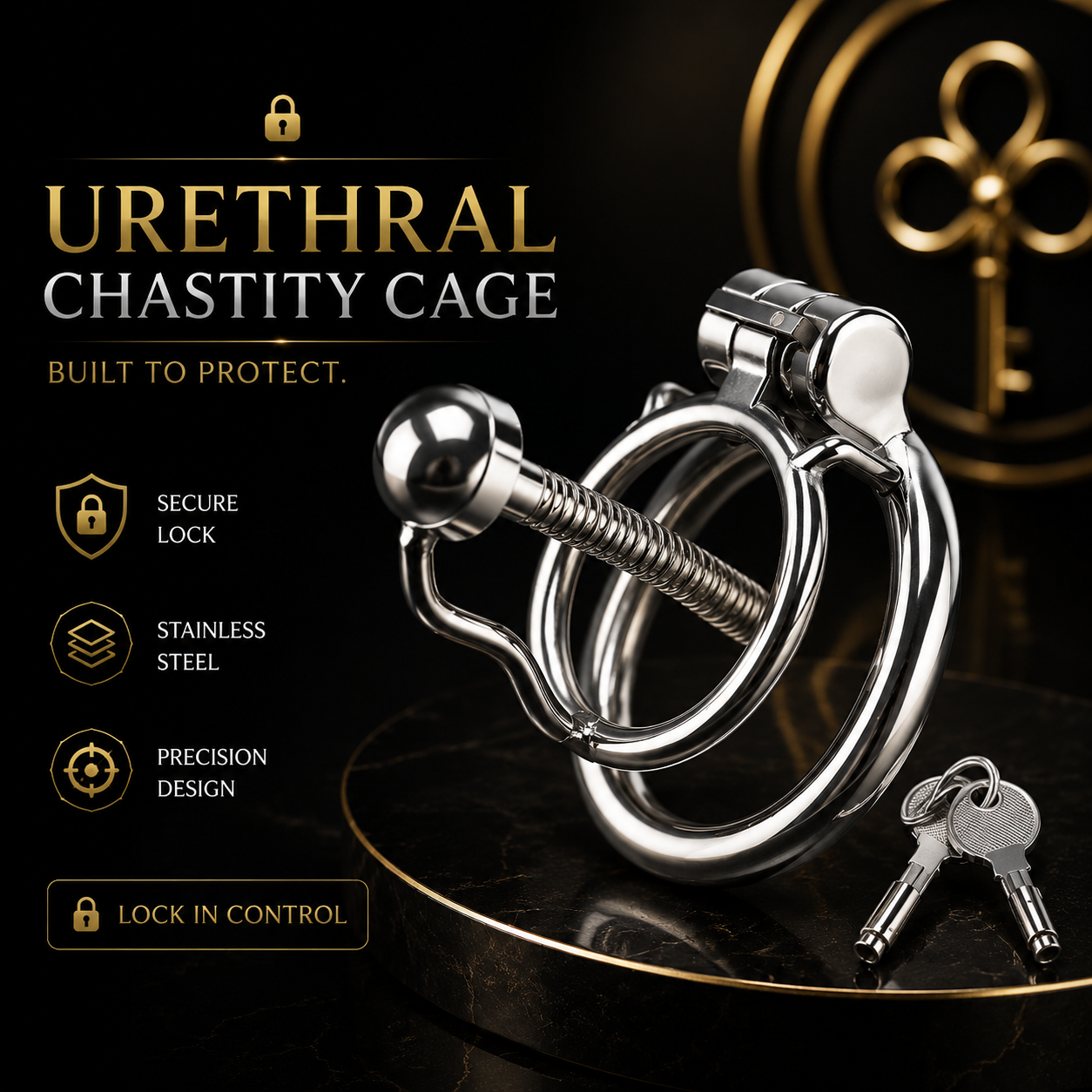 Urethral stainless steel chastity cage with secure lock